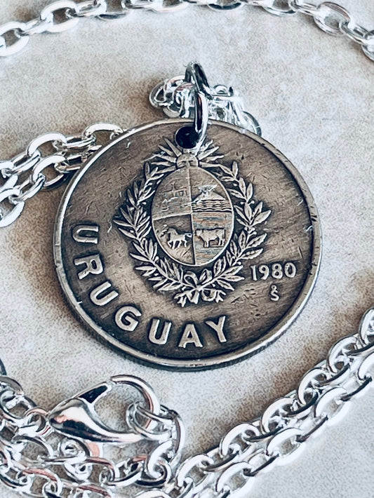 Uruguay Coin Necklace Uruguayan One Coin Pendant Personal Old Vintage Handmade Jewelry Gift Friend Charm For Him Her World Coin Collector