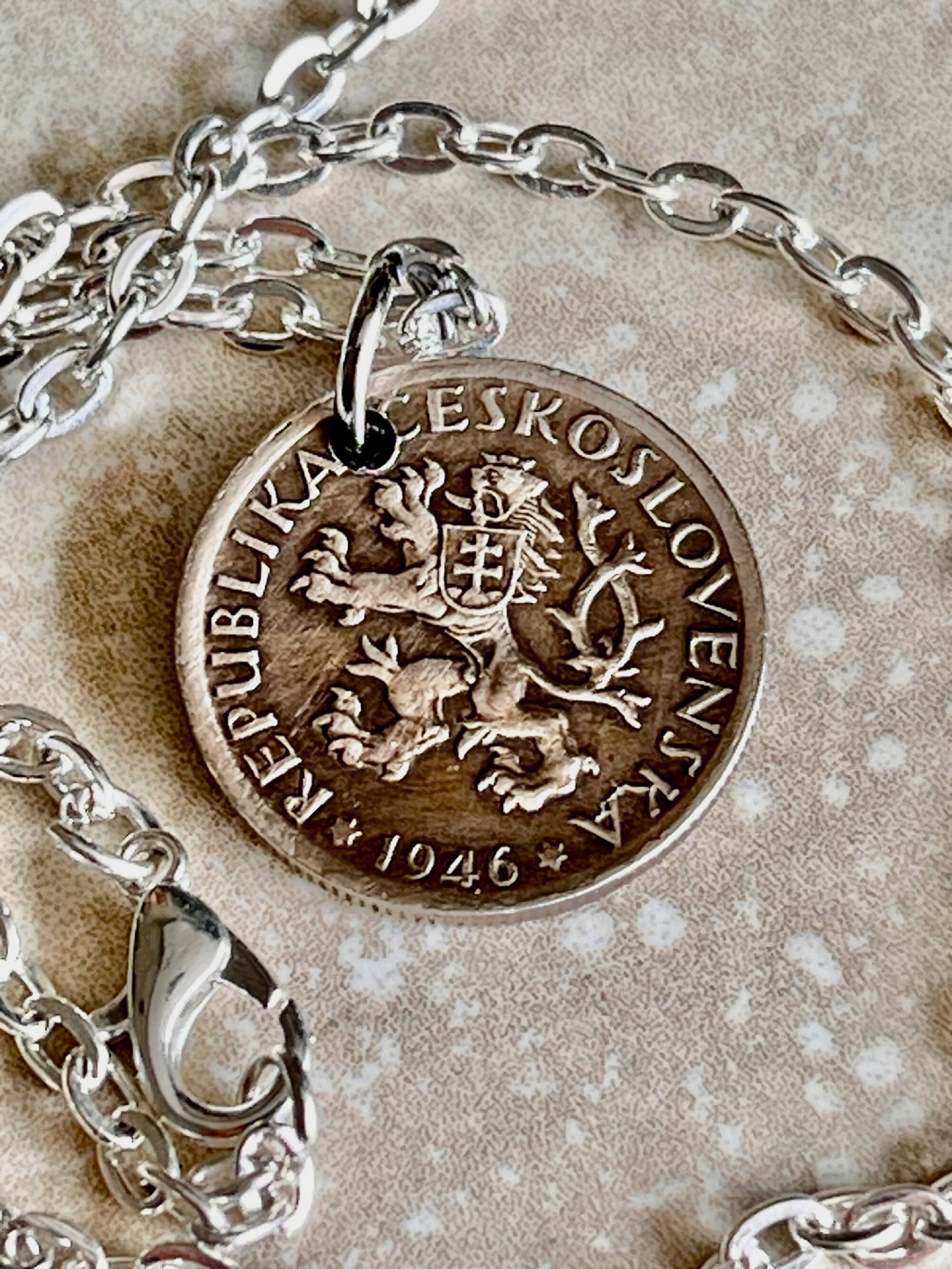 Czechoslovakia Republic 1 1946 Coin Pendant Personal Necklace Vintage Handmade Jewelry Gift Friend Charm For Him Her World Coin Collector