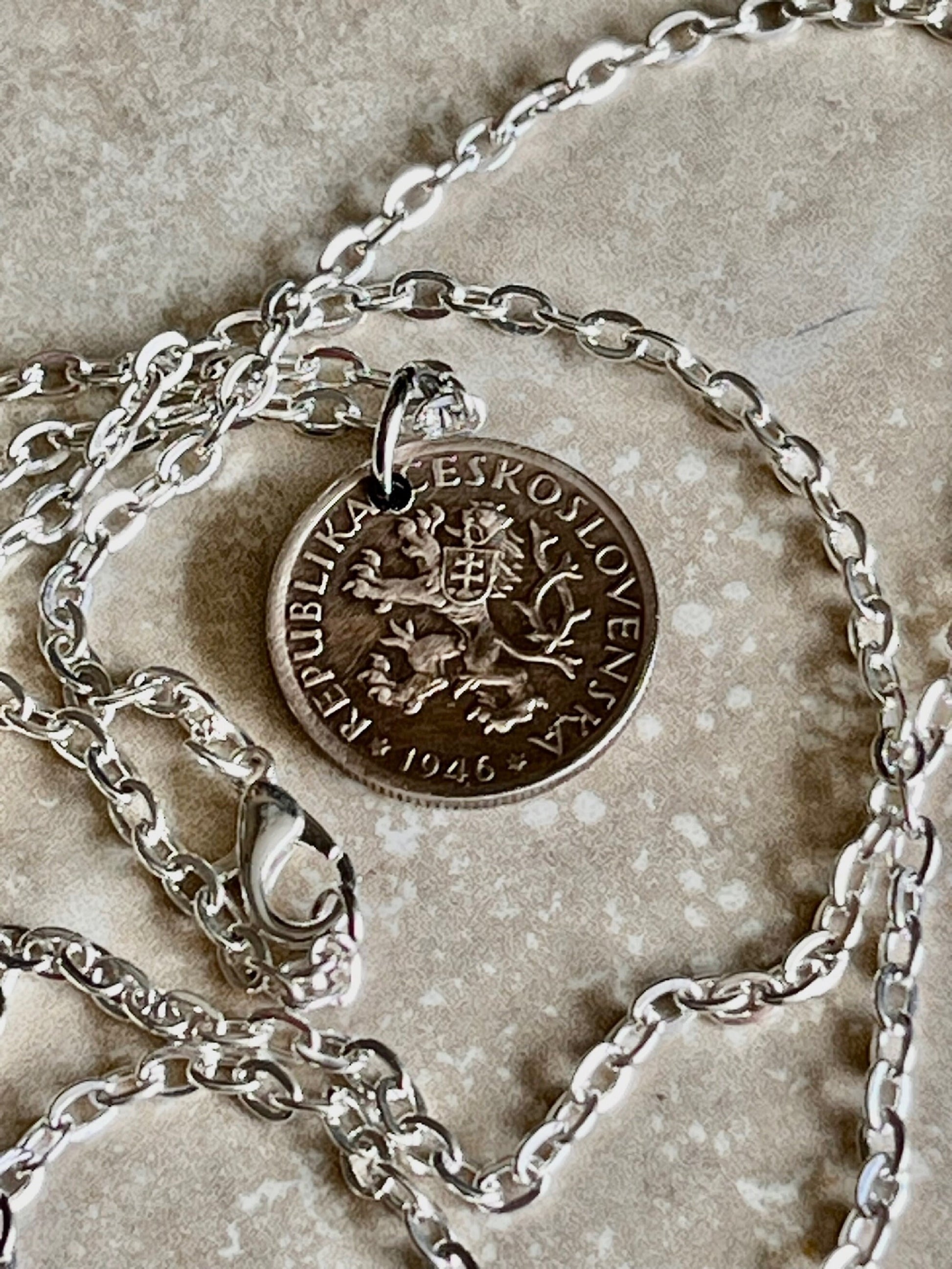 Czechoslovakia Republic 1 1946 Coin Pendant Personal Necklace Vintage Handmade Jewelry Gift Friend Charm For Him Her World Coin Collector