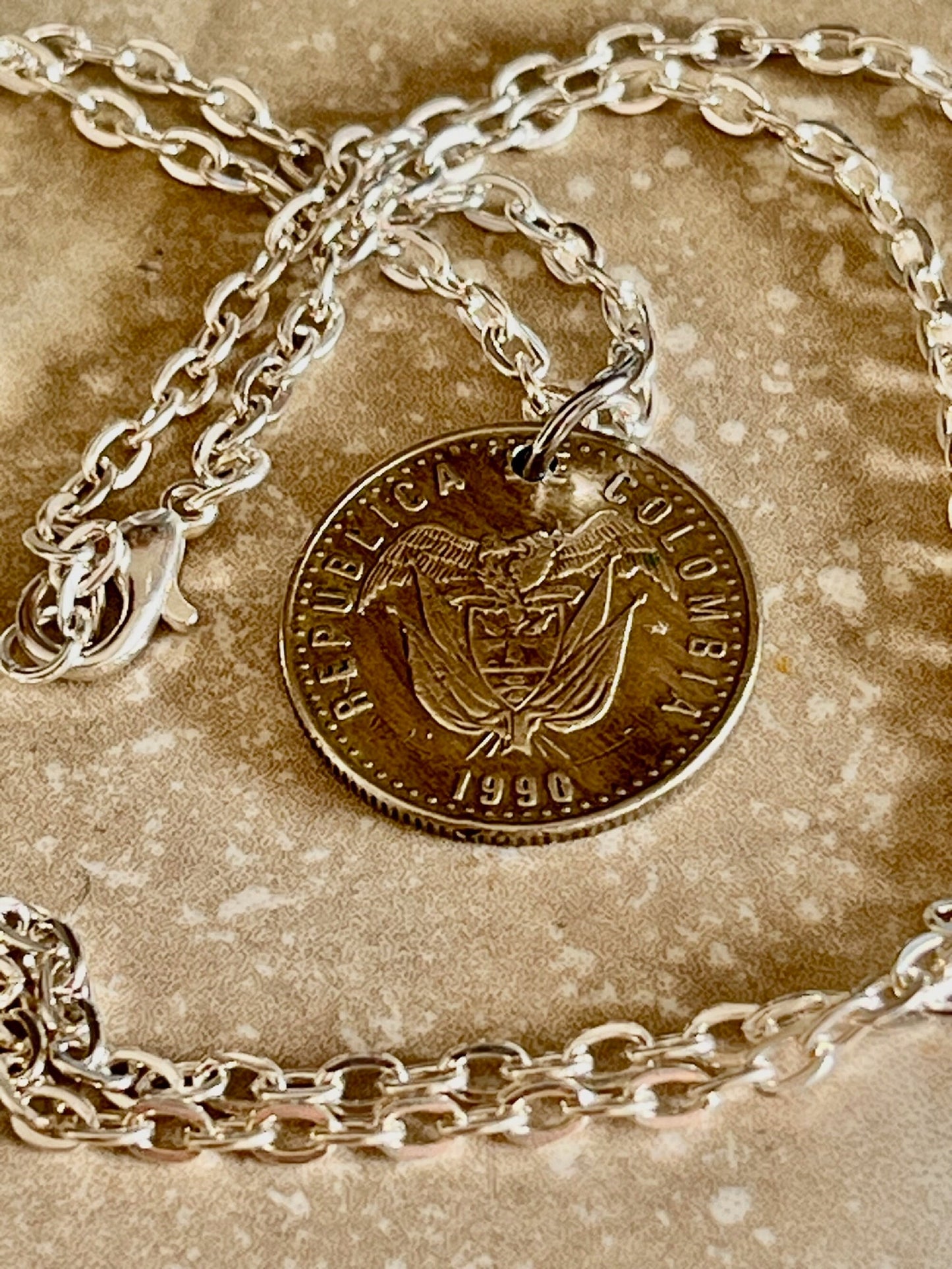 Colombia Coin Necklace Columbian Pendant 50 Pesos Personal Old Vintage Handmade Jewelry Gift Friend Charm For Him Her World Coin Collector