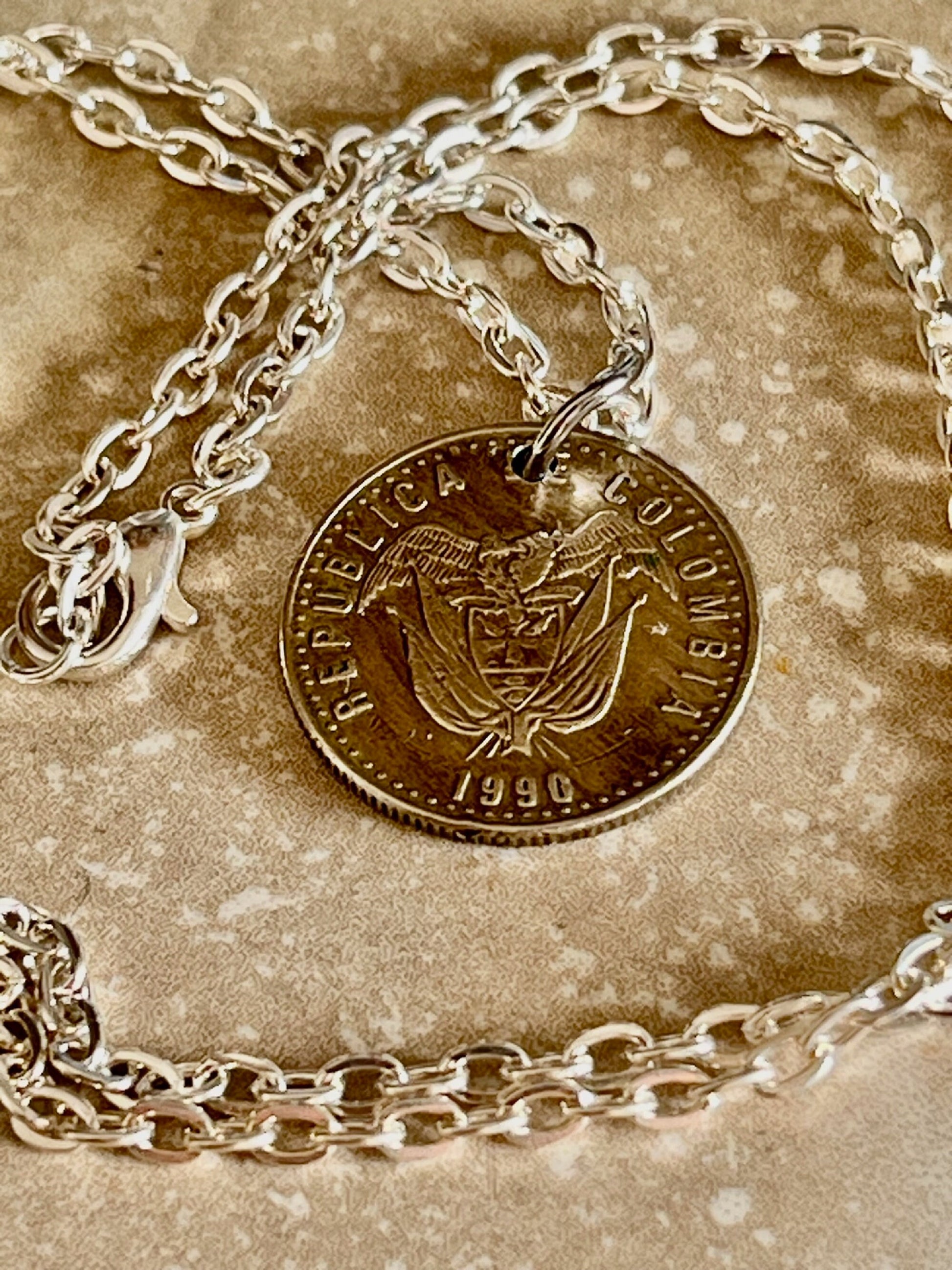 Colombia Coin Necklace Columbian Pendant 50 Pesos Personal Old Vintage Handmade Jewelry Gift Friend Charm For Him Her World Coin Collector