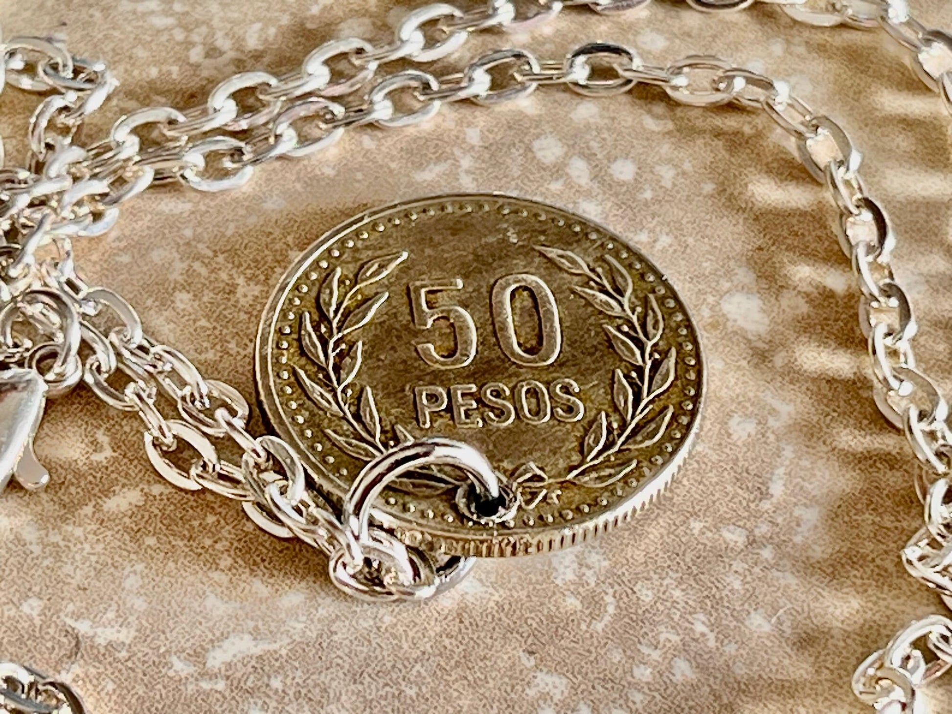 Colombia Coin Necklace Columbian Pendant 50 Pesos Personal Old Vintage Handmade Jewelry Gift Friend Charm For Him Her World Coin Collector