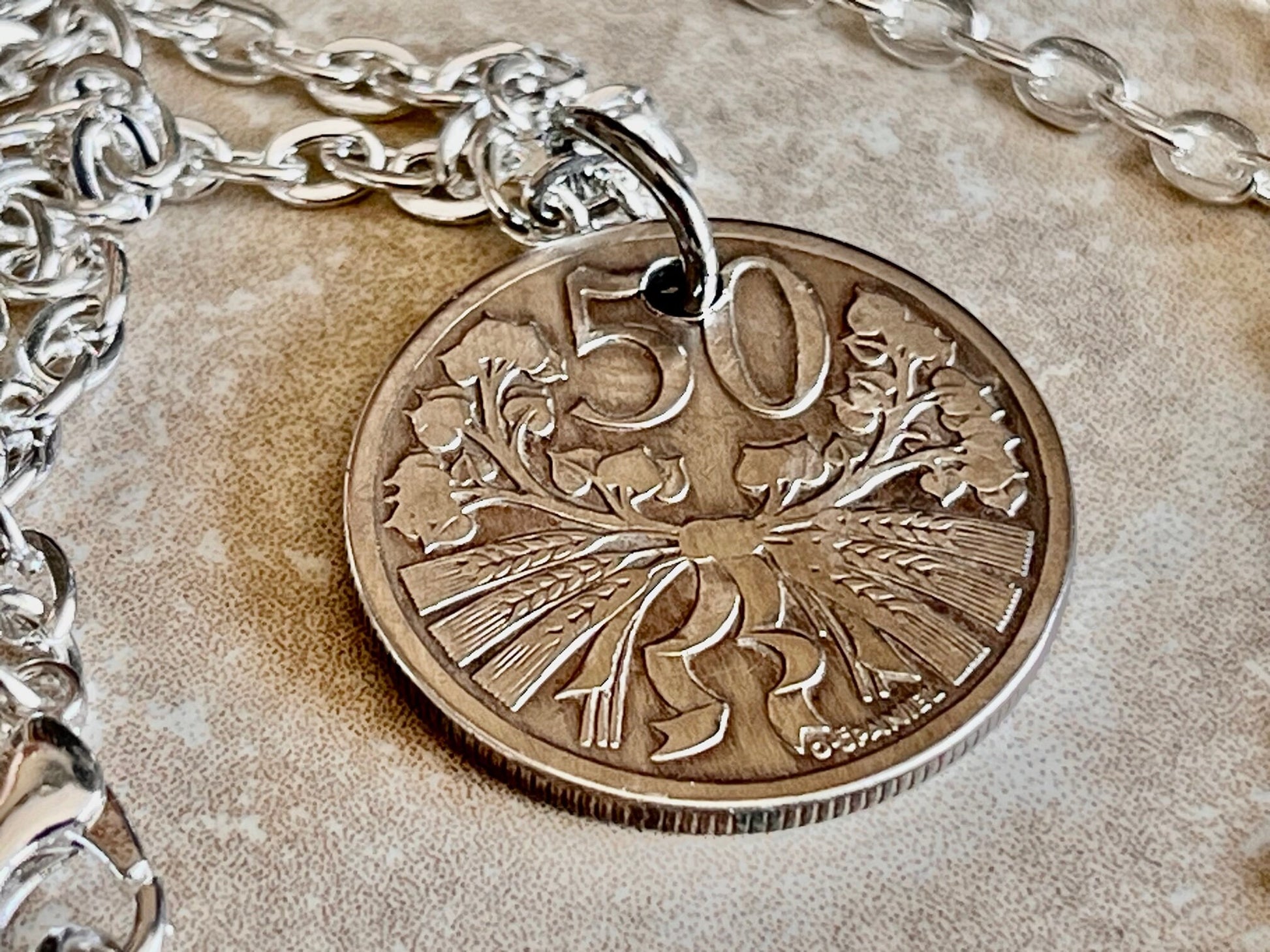 Czechoslovakia Republic 50 Haleru Coin Pendant Personal Necklace Vintage Handmade Jewelry Gift Friend Charm For Him Her World Coin Collector