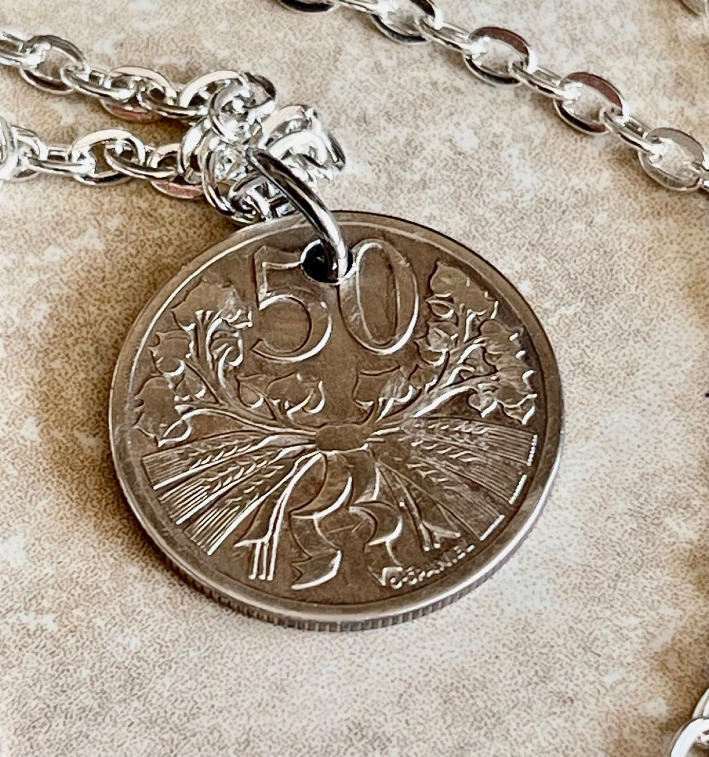 Czechoslovakia Republic 50 Haleru Coin Pendant Personal Necklace Vintage Handmade Jewelry Gift Friend Charm For Him Her World Coin Collector