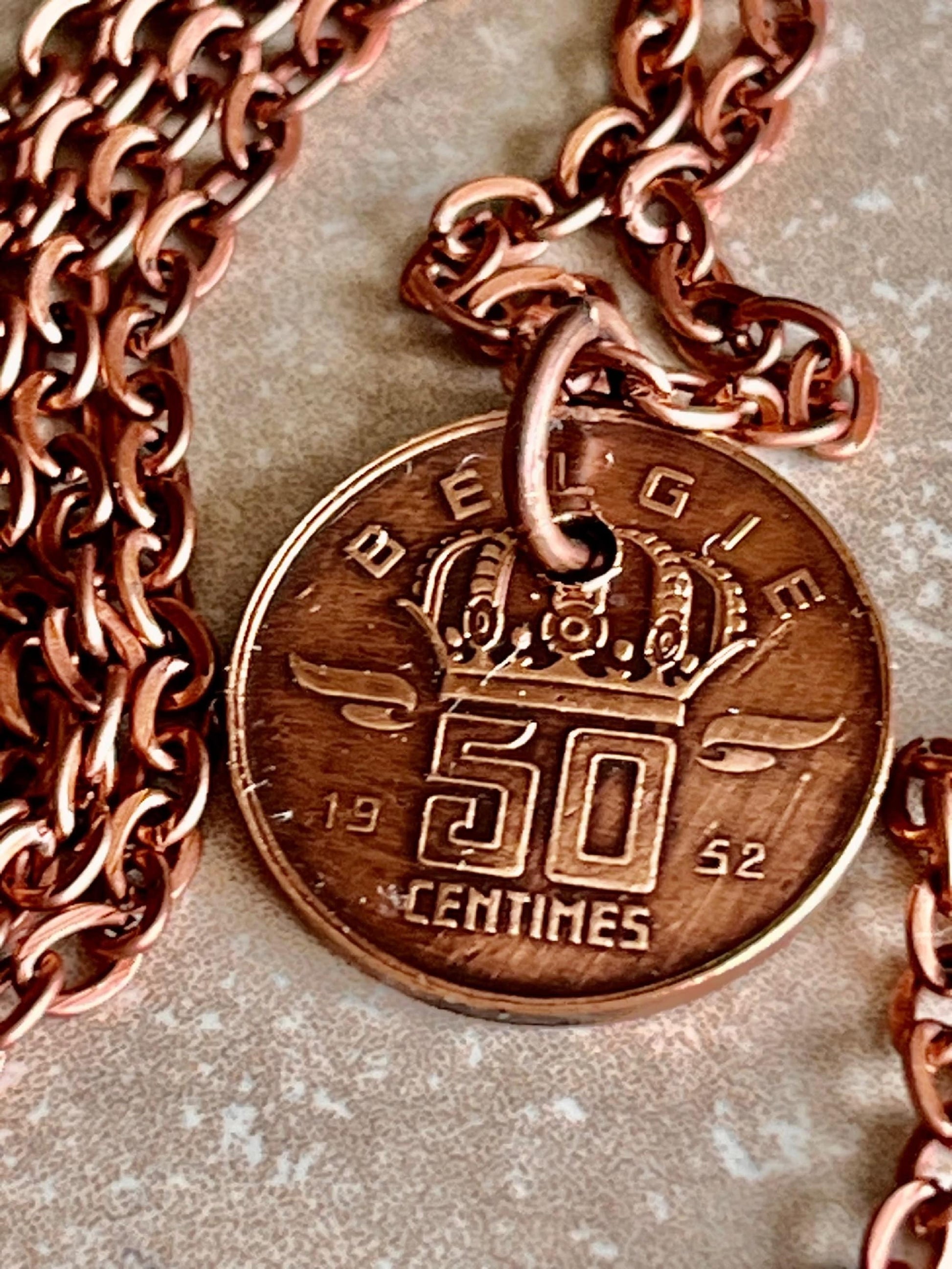 Belgium Coin Pendant Necklace Belgian 50 Centimes Miner Personal Vintage Handmade Jewelry Gift Friend Charm For Him Her World Coin Collector