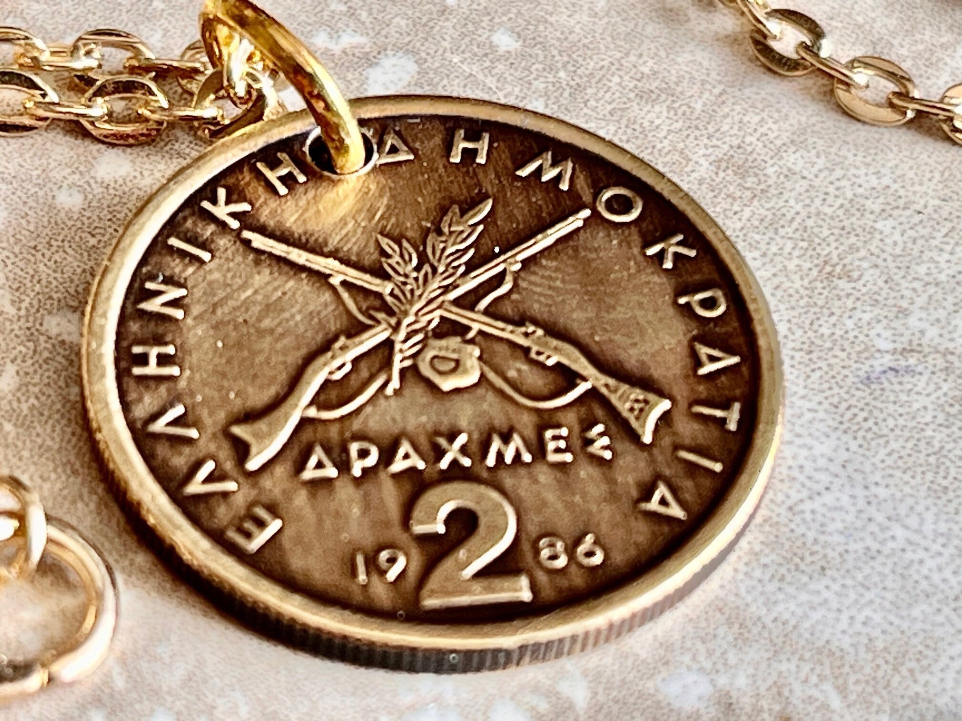Greece Coin Pendant Greek 2 Drachma Rhinestone Necklace Jewelry Charm Gift For Friend Coin Charm Gift For Him, Her, World Coins Collector