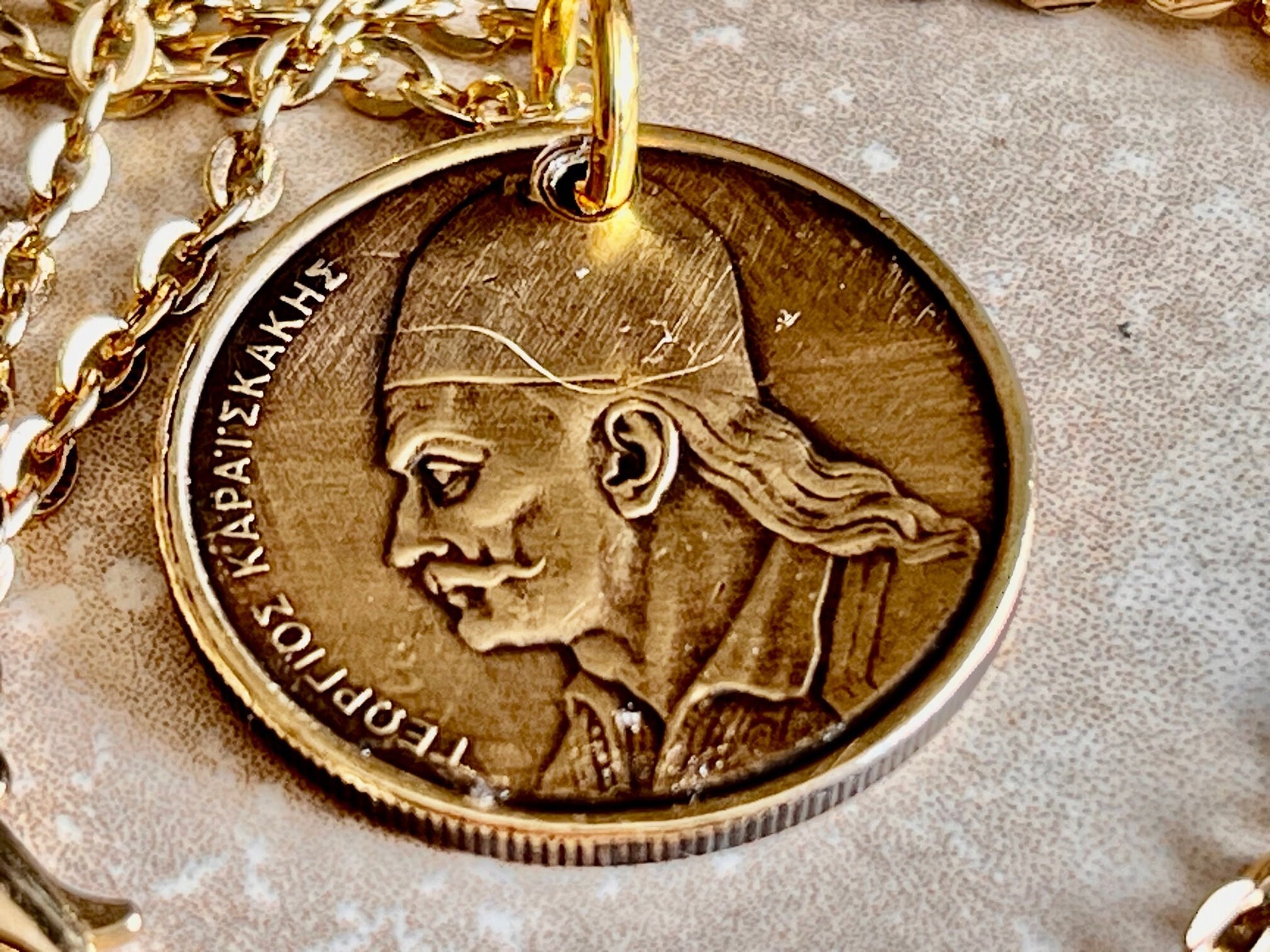 Greece Coin Pendant Greek 2 Drachma Rhinestone Necklace Jewelry Charm Gift For Friend Coin Charm Gift For Him, Her, World Coins Collector