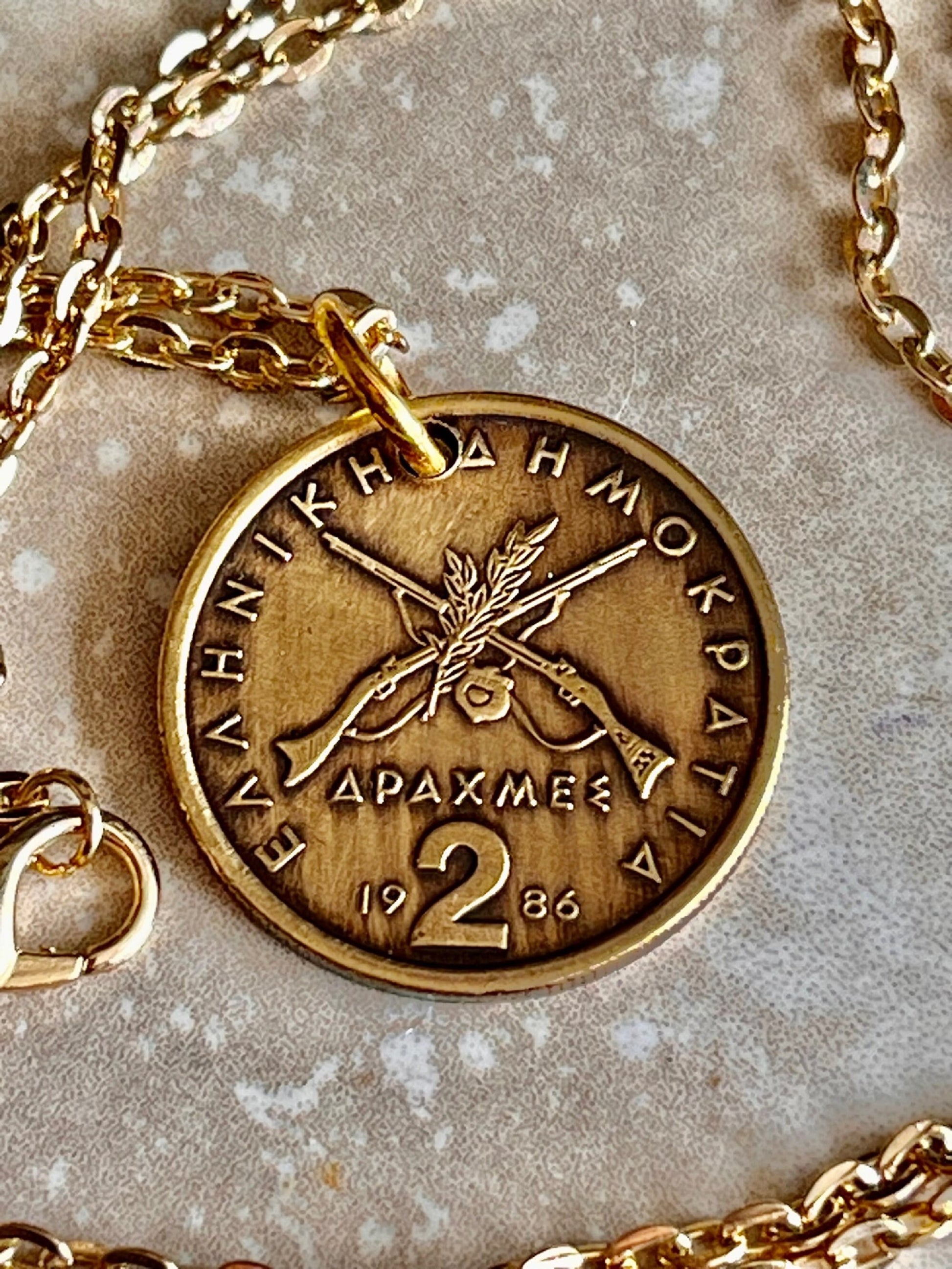 Greece Coin Pendant Greek 2 Drachma Rhinestone Necklace Jewelry Charm Gift For Friend Coin Charm Gift For Him, Her, World Coins Collector