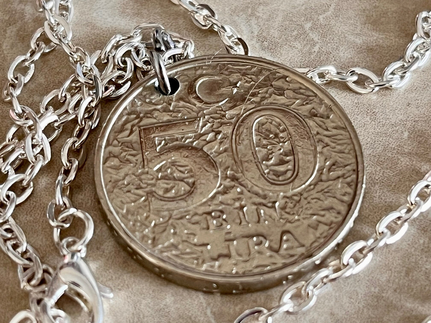 Turkey Coin Necklace Turkish Bib 50 Lira Pendant Personal Old Vintage Handmade Jewelry Gift Friend Charm For Him Her World Coin Collector