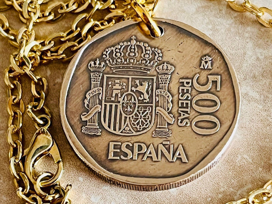 Spain Coin Necklace Spanish 500 Pesetas Espana Personal Old Vintage Handmade Jewelry Gift Friend Charm For Him Her World Coin Collector