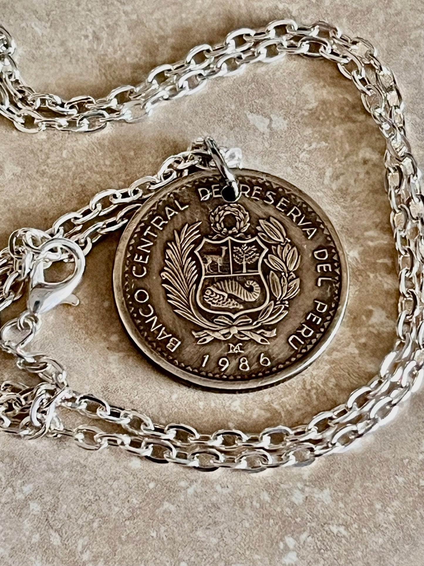 Peru Coin Pendant Peruvian Cinco Intis Personal Necklace Old Vintage Handmade Jewelry Gift Friend Charm For Him Her World Coin Collector