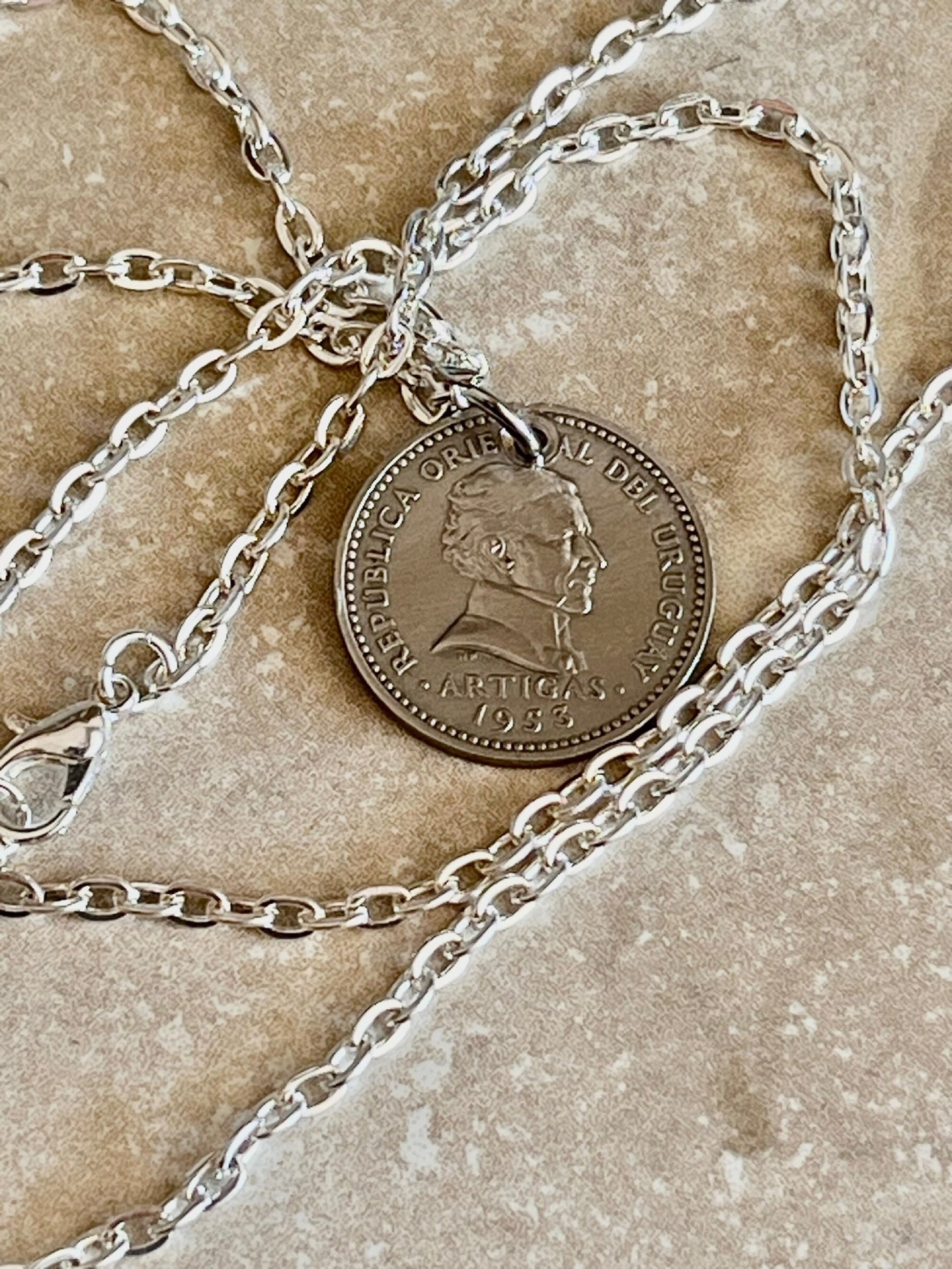 Uruguay Coin Necklace Uruguayan 10 Centimos Pendant Personal Old Vintage Handmade Jewelry Gift Friend Charm For Him Her World Coin Collector