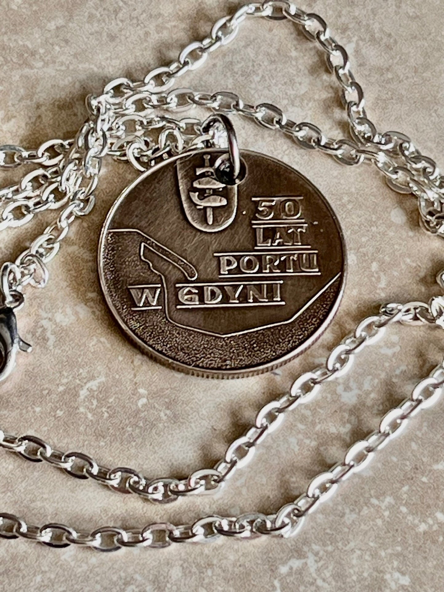 Poland Pendant Coin 50 Years Gdynia Sea Port Polish Necklace Jewelry Charm Gift For Friend Charm Gift For Him, Her, World Coins Collector