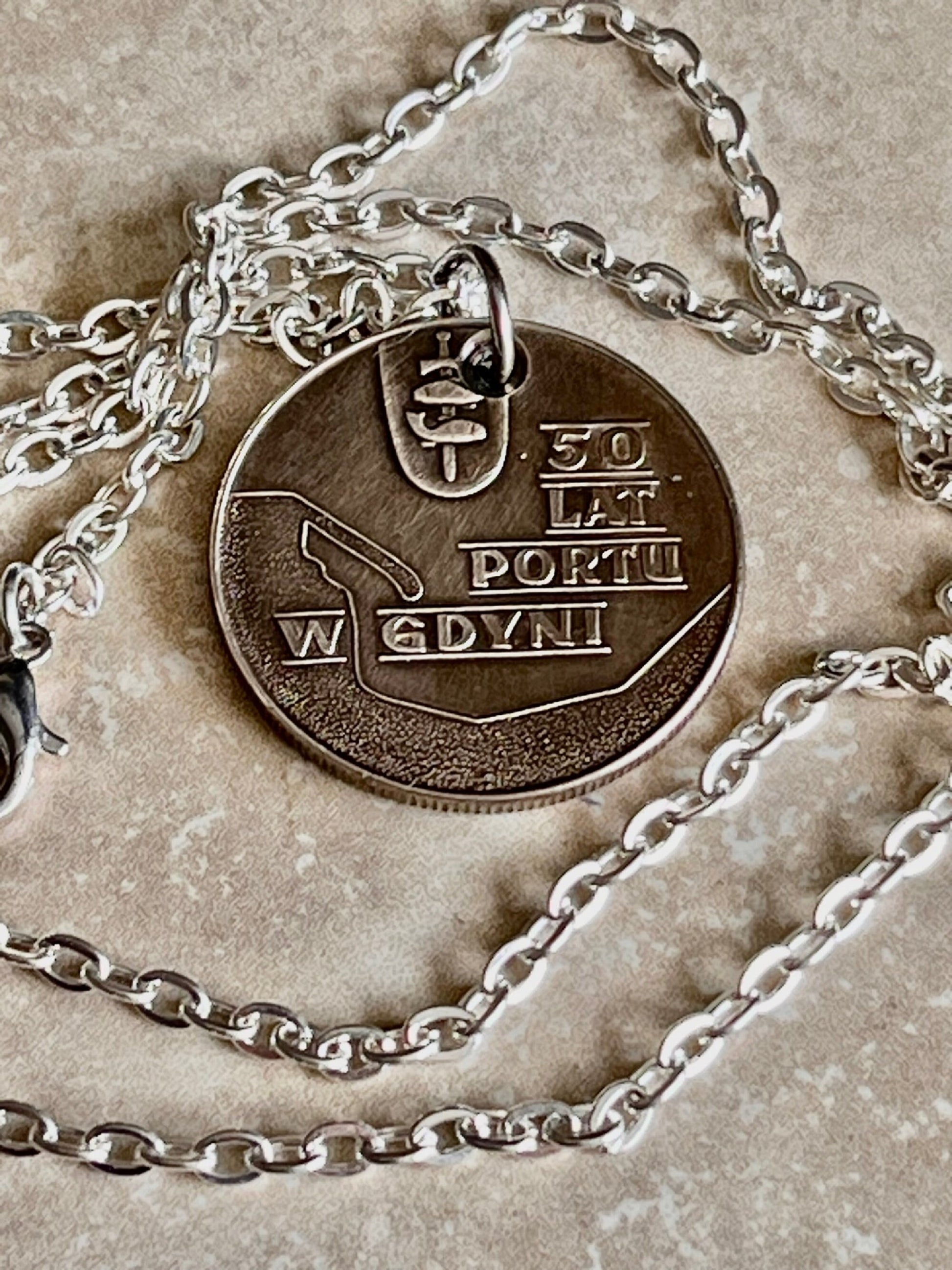 Poland Pendant Coin 50 Years Gdynia Sea Port Polish Necklace Jewelry Charm Gift For Friend Charm Gift For Him, Her, World Coins Collector