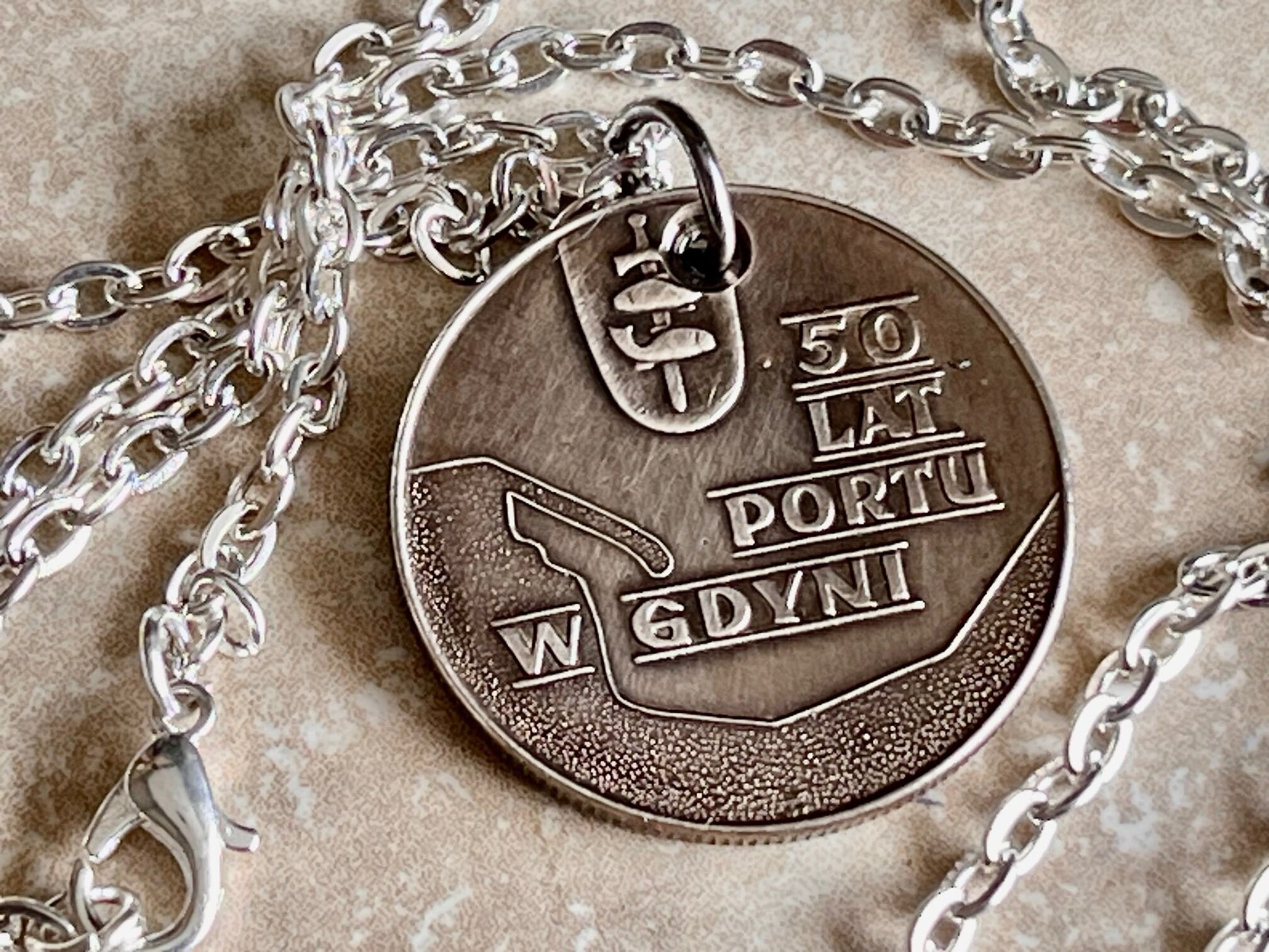 Poland Pendant Coin 50 Years Gdynia Sea Port Polish Necklace Jewelry Charm Gift For Friend Charm Gift For Him, Her, World Coins Collector