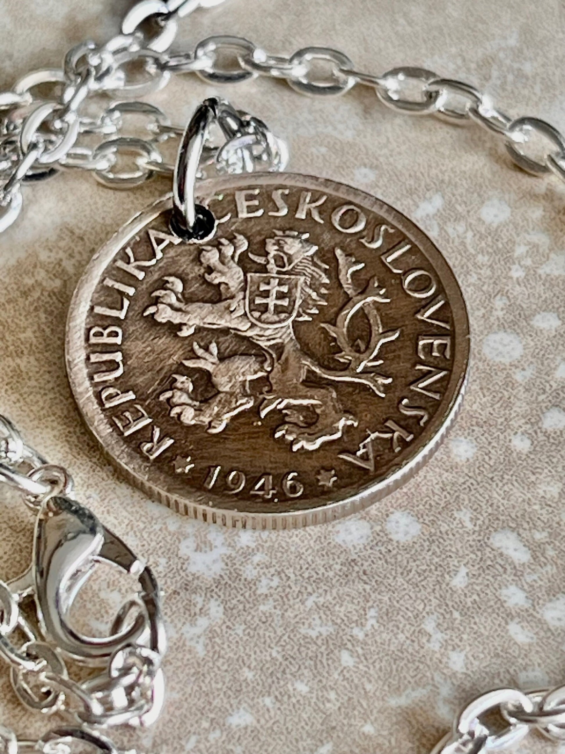 Czechoslovakia Republic 1 1946 Coin Pendant Personal Necklace Vintage Handmade Jewelry Gift Friend Charm For Him Her World Coin Collector