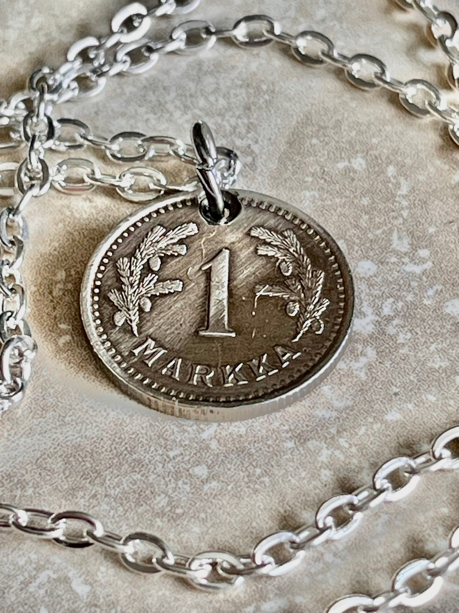 Finland 1 Markka Coin Necklace Helsinki Personal Old Vintage Handmade Jewelry Gift Friend Charm For Him Her World Coin Collector