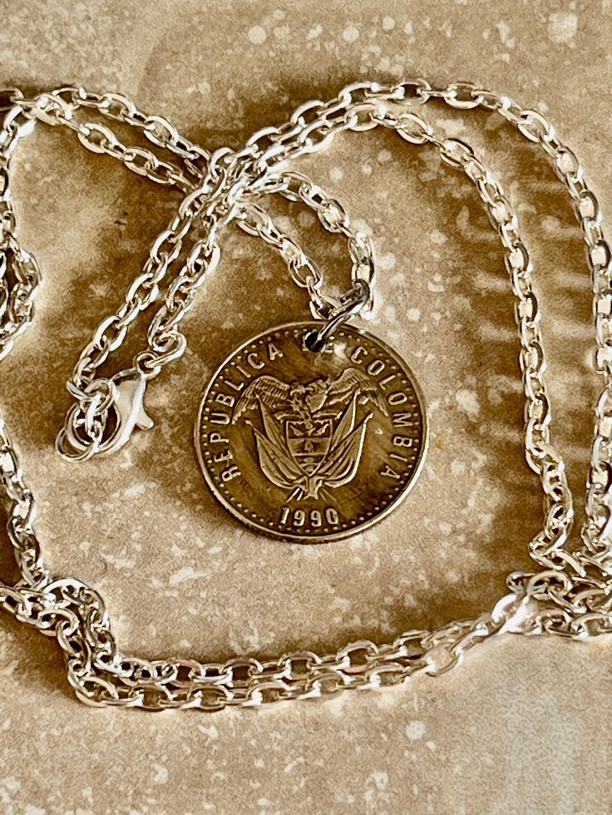 Colombia Coin Necklace Columbian Pendant 50 Pesos Personal Old Vintage Handmade Jewelry Gift Friend Charm For Him Her World Coin Collector