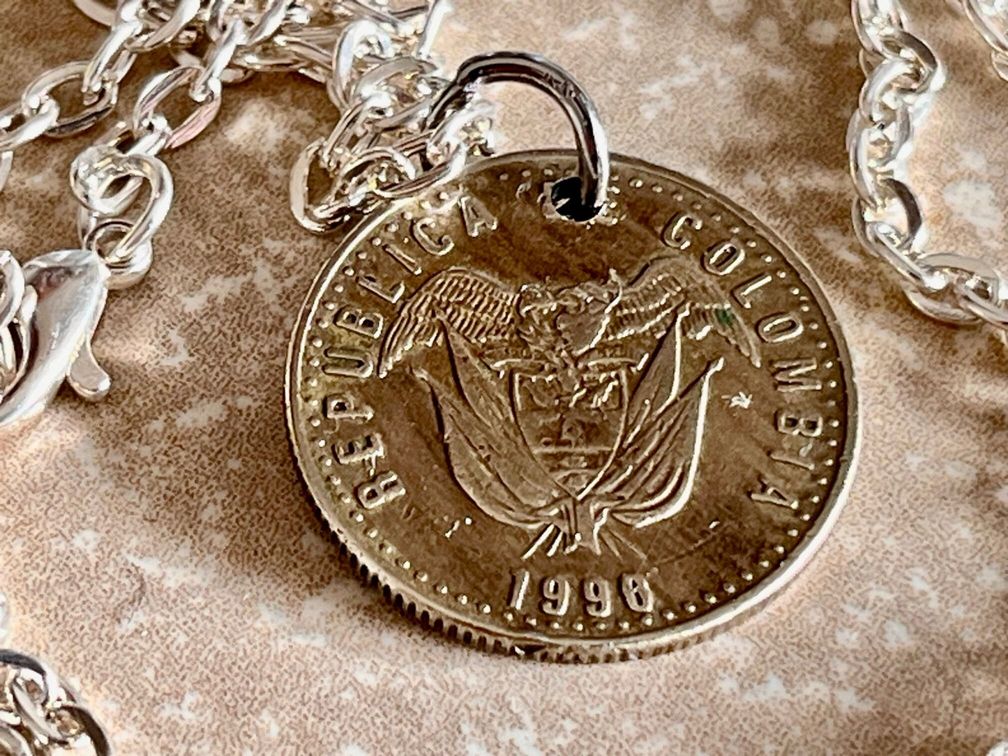 Colombia Coin Necklace Columbian Pendant 50 Pesos Personal Old Vintage Handmade Jewelry Gift Friend Charm For Him Her World Coin Collector