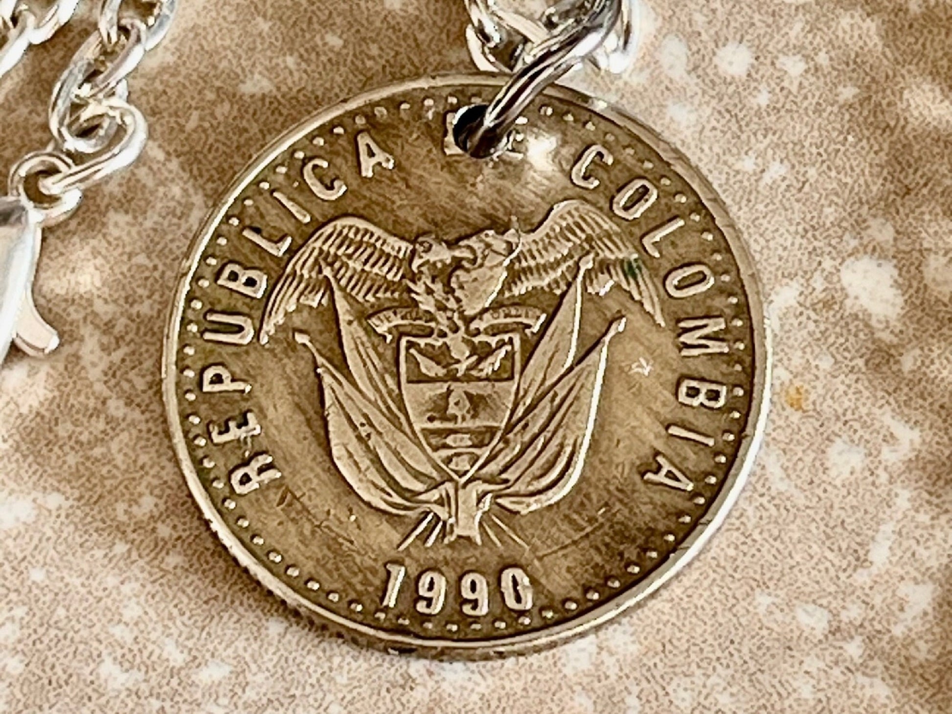 Colombia Coin Necklace Columbian Pendant 50 Pesos Personal Old Vintage Handmade Jewelry Gift Friend Charm For Him Her World Coin Collector