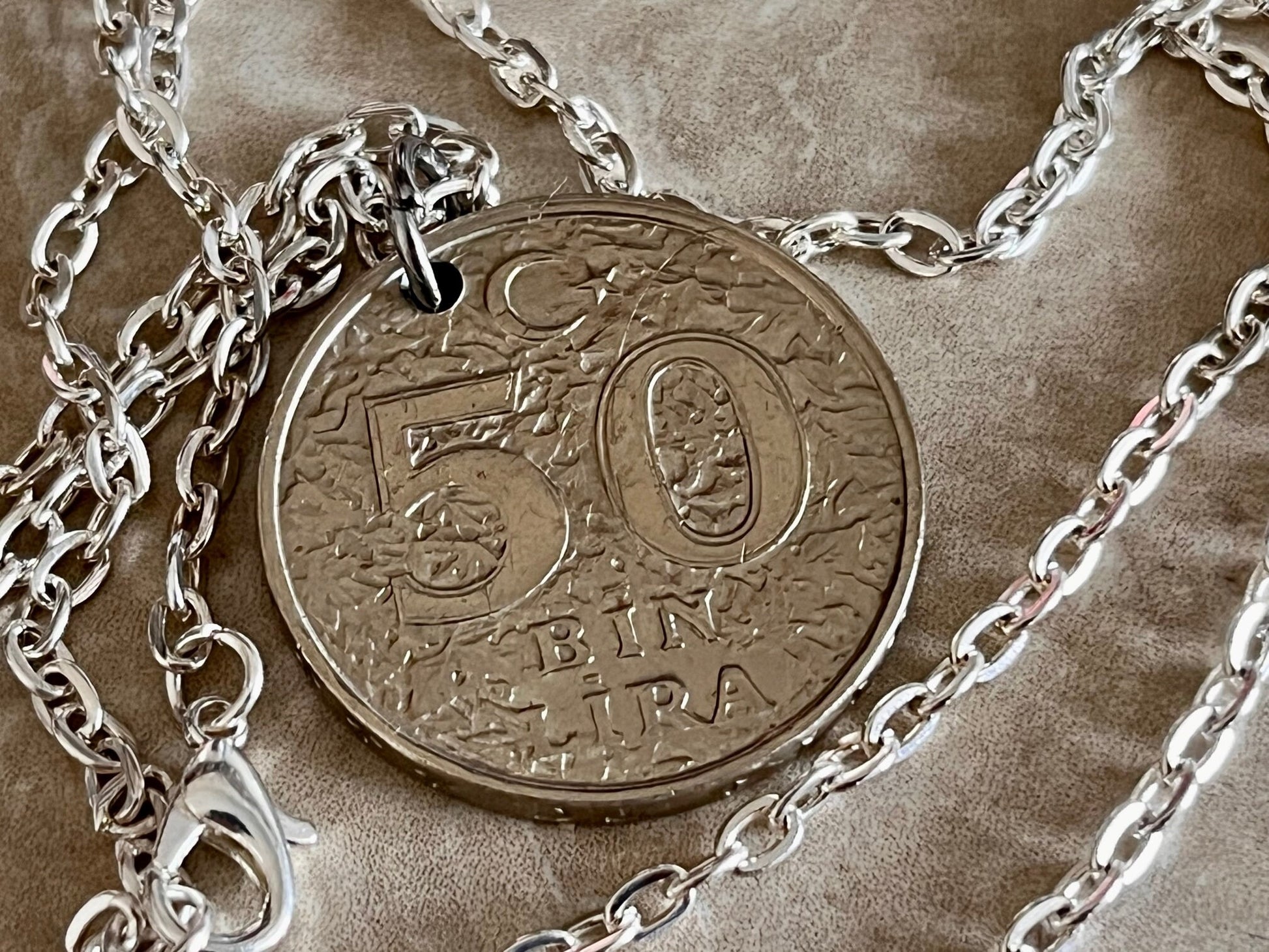 Turkey Coin Necklace Turkish Bib 50 Lira Pendant Personal Old Vintage Handmade Jewelry Gift Friend Charm For Him Her World Coin Collector