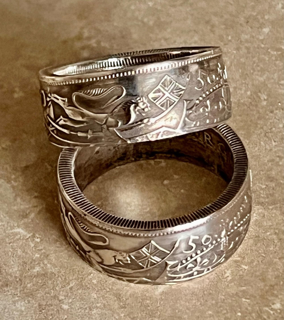 Tom's Handcrafted Coin Ring – Made From 80% Silver Canadian Half Dollar, Sizes 7-13, Includes Velvet Pouch