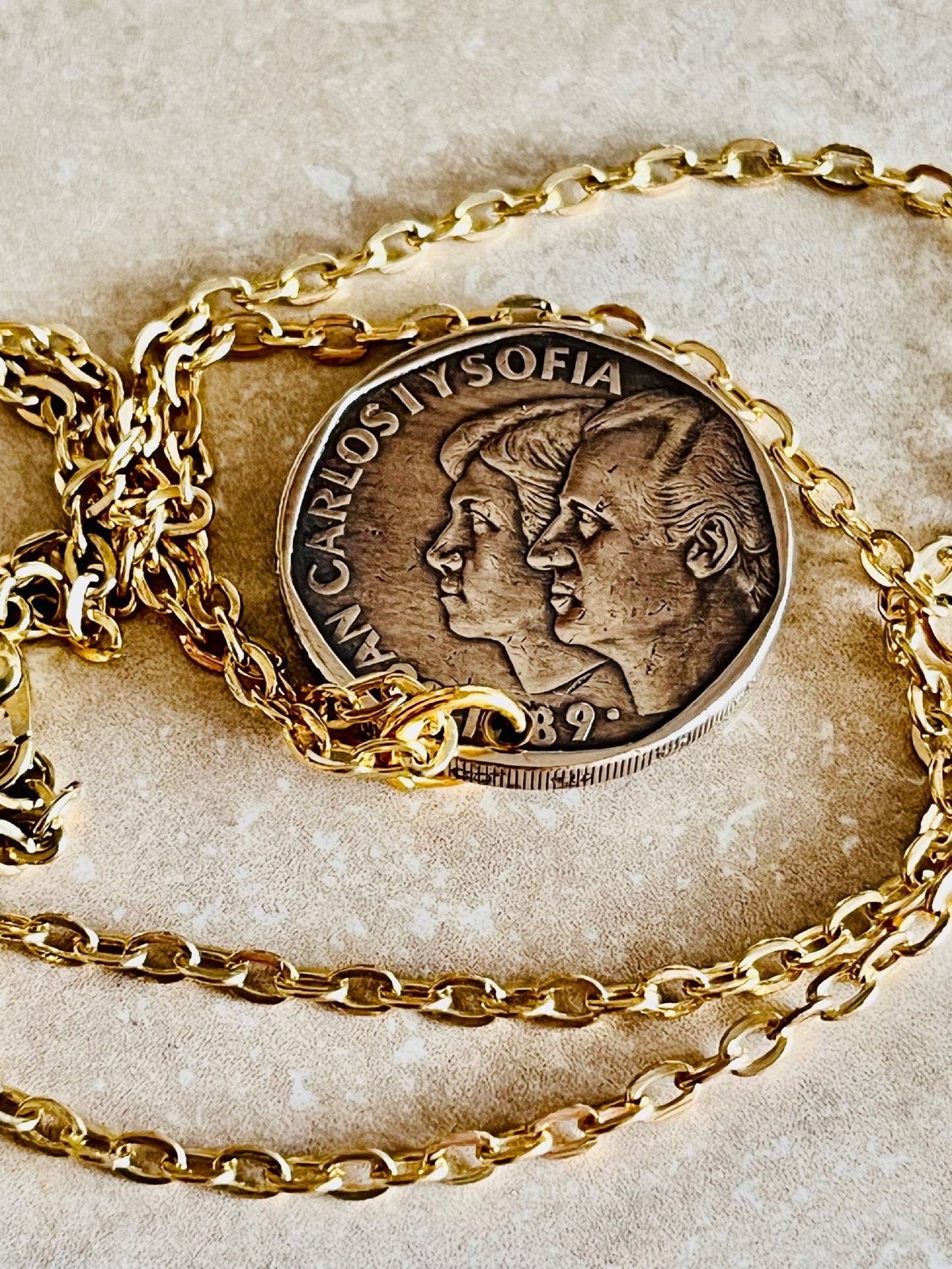 Spain Coin Necklace Spanish 500 Pesetas Espana Personal Old Vintage Handmade Jewelry Gift Friend Charm For Him Her World Coin Collector