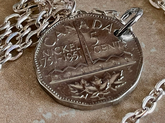 Canada Coin Necklace 1951 5 Cent Pendant Personal Necklace Old Vintage Handmade Jewelry Gift Friend Charm For Him Her World Coin Collector