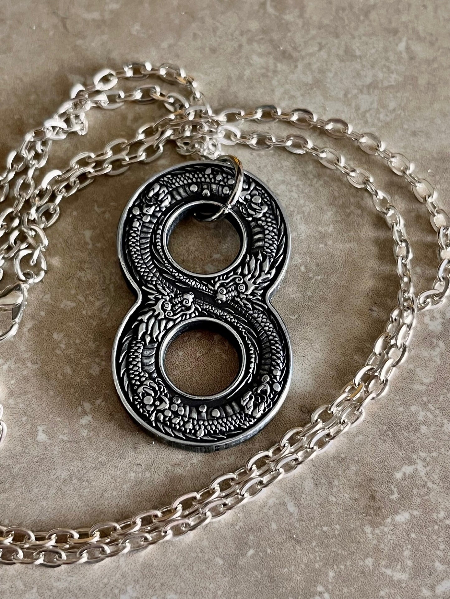 Chinese Lucky Dragon Infinity Dollar Coin Necklace Personal Old Vintage Handmade Jewelry Gift Friend Charm For Him Her World Coin Collector