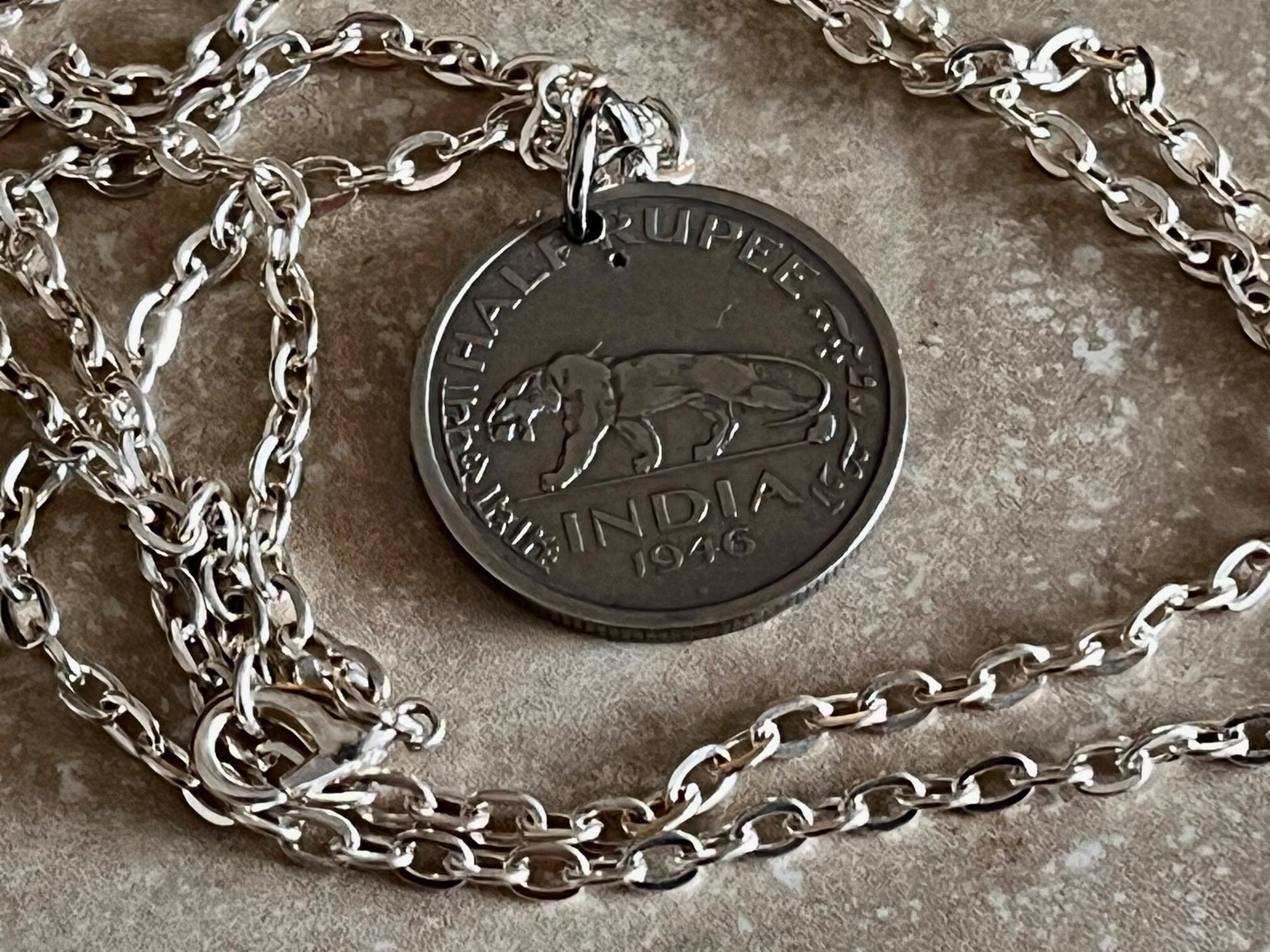 India Coin Necklace Half Rupee Pendant Vintage Personal Necklace Vintage Handmade Jewelry Gift Friend Charm For Him Her World Coin Collector