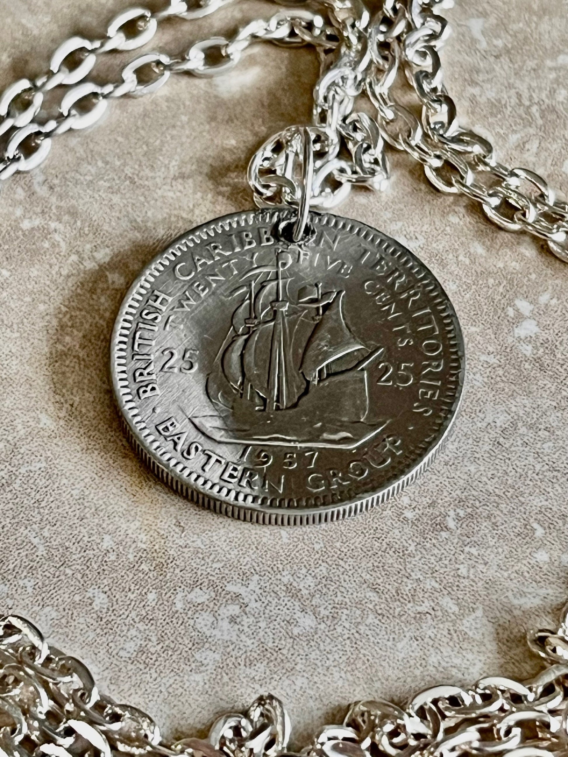 Eastern Caribbean Necklace Pendant 25 Cents Coin Personal Old Vintage Handmade Jewelry Gift Friend Charm For Him Her World Coin Collector