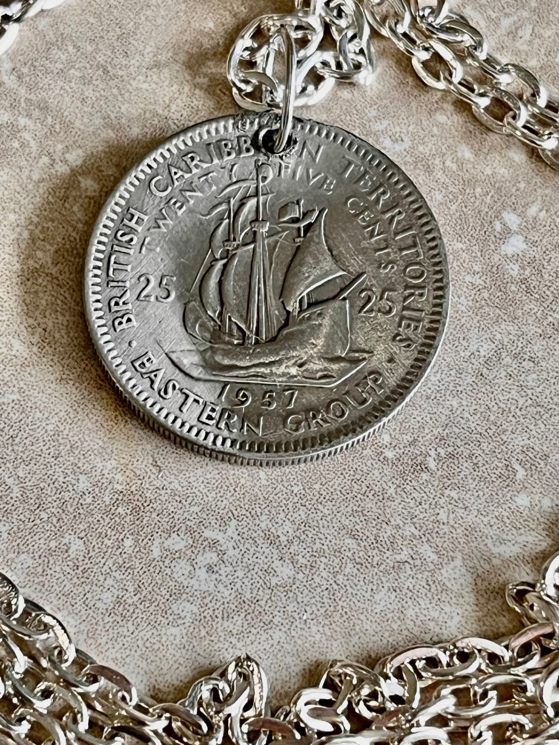 Eastern Caribbean Necklace Pendant 25 Cents Coin Personal Old Vintage Handmade Jewelry Gift Friend Charm For Him Her World Coin Collector