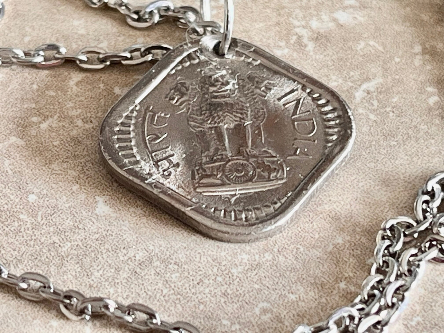 India Coin Necklace Indian East India 5 Annas Square Coin Personal Handmade Jewelry Gift Friend Charm For Him Her World Coin Collector