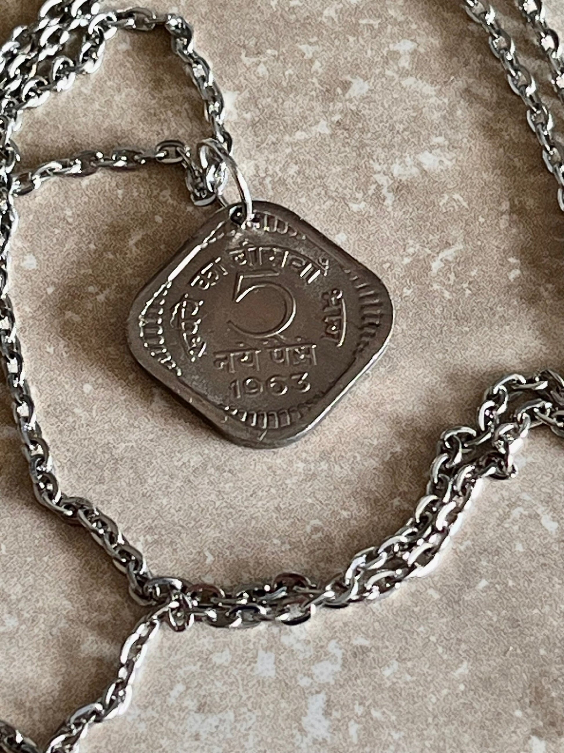 India Coin Necklace Indian East India 5 Annas Square Coin Personal Handmade Jewelry Gift Friend Charm For Him Her World Coin Collector