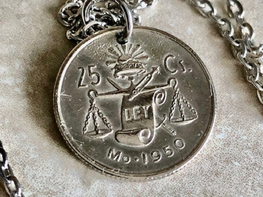 Mexico Coin Necklace Mexican 25 Cents Pendant Coin Personal Old Vintage Handmade Jewelry Gift Friend Charm For Him Her World Coin Collector