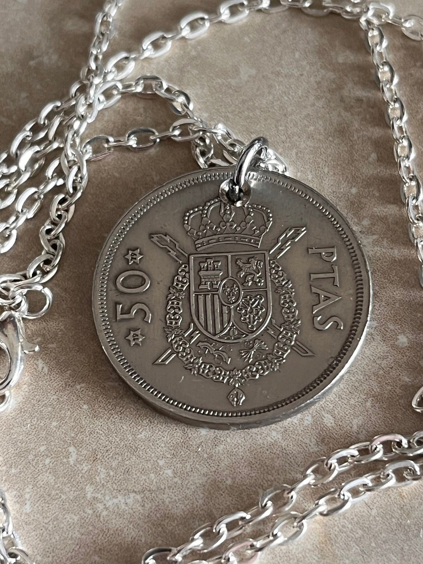 Spain Coin Necklace Spanish 50 Ptas Pendant Personal Old Vintage Handmade Jewelry Gift Friend Charm For Him Her World Coin Collector