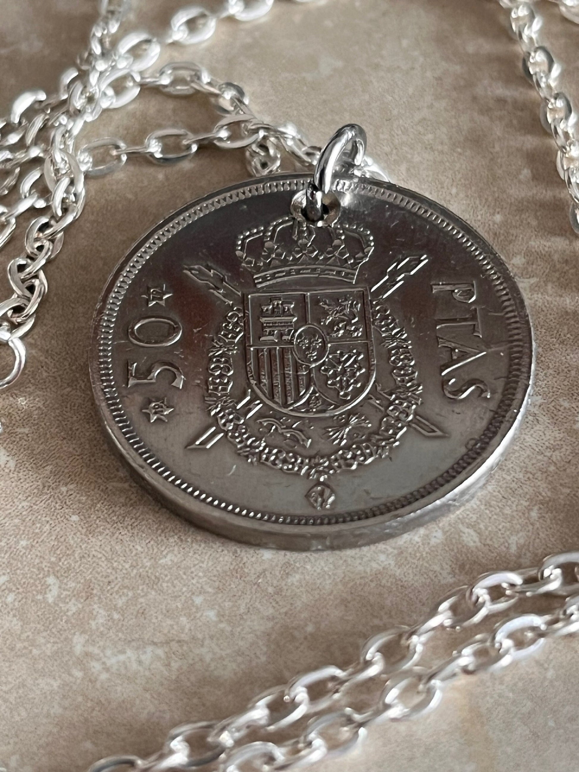 Spain Coin Necklace Spanish 50 Ptas Pendant Personal Old Vintage Handmade Jewelry Gift Friend Charm For Him Her World Coin Collector