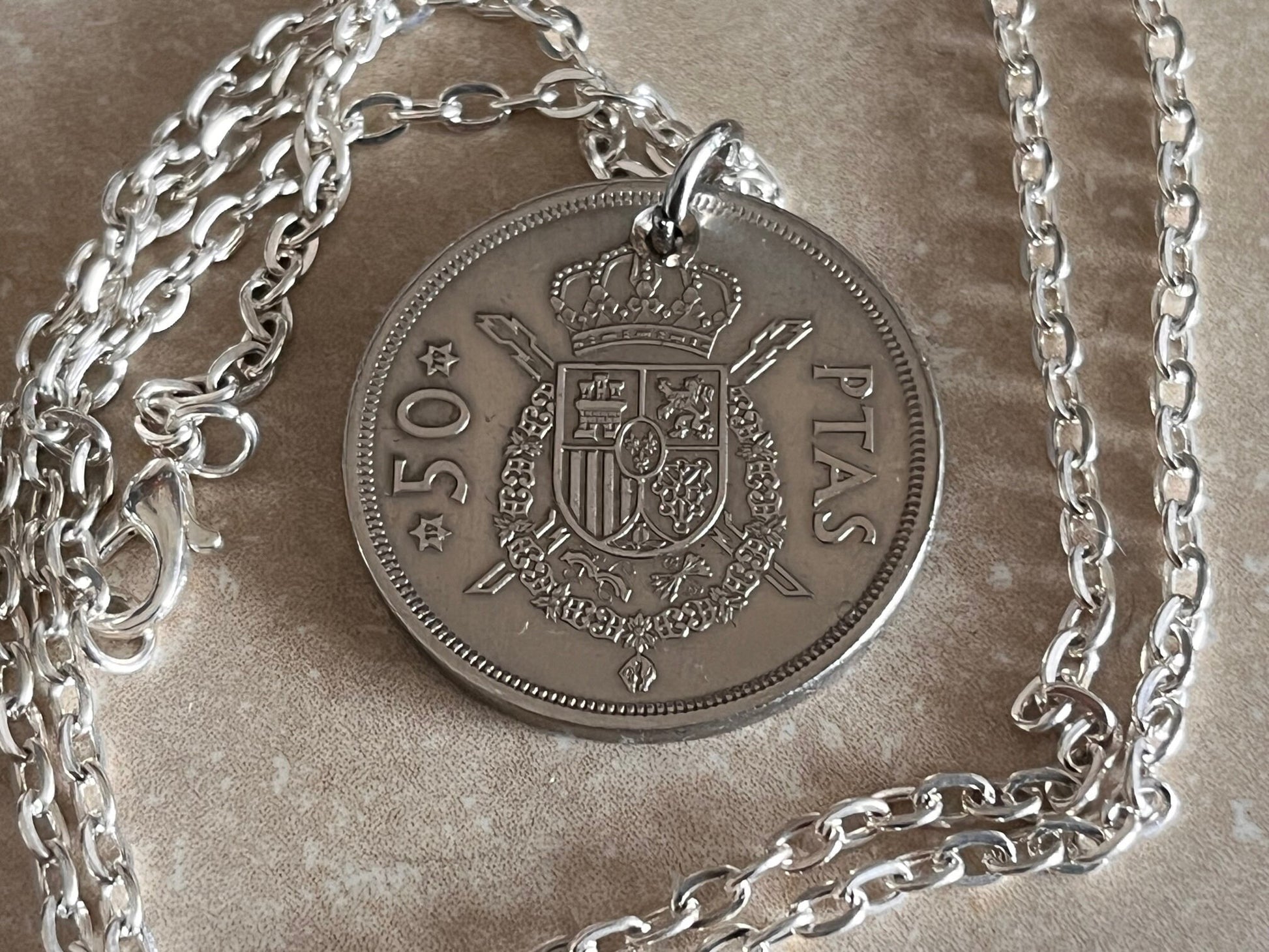 Spain Coin Necklace Spanish 50 Ptas Pendant Personal Old Vintage Handmade Jewelry Gift Friend Charm For Him Her World Coin Collector