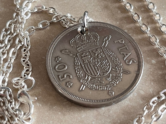 Spain Coin Necklace Spanish 50 Ptas Pendant Personal Old Vintage Handmade Jewelry Gift Friend Charm For Him Her World Coin Collector