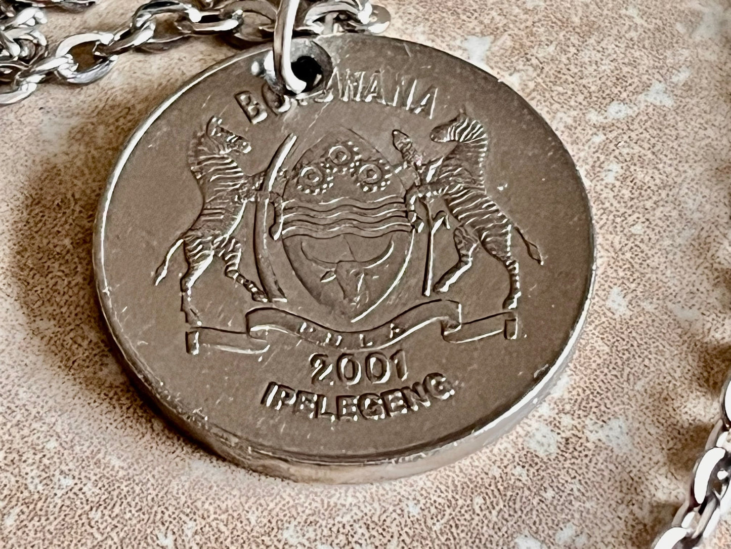 Botswana Coin Necklace 50 Thebe Personal Necklace Old Vintage Handmade Jewelry Gift Friend Charm For Him Her World Coin Collector