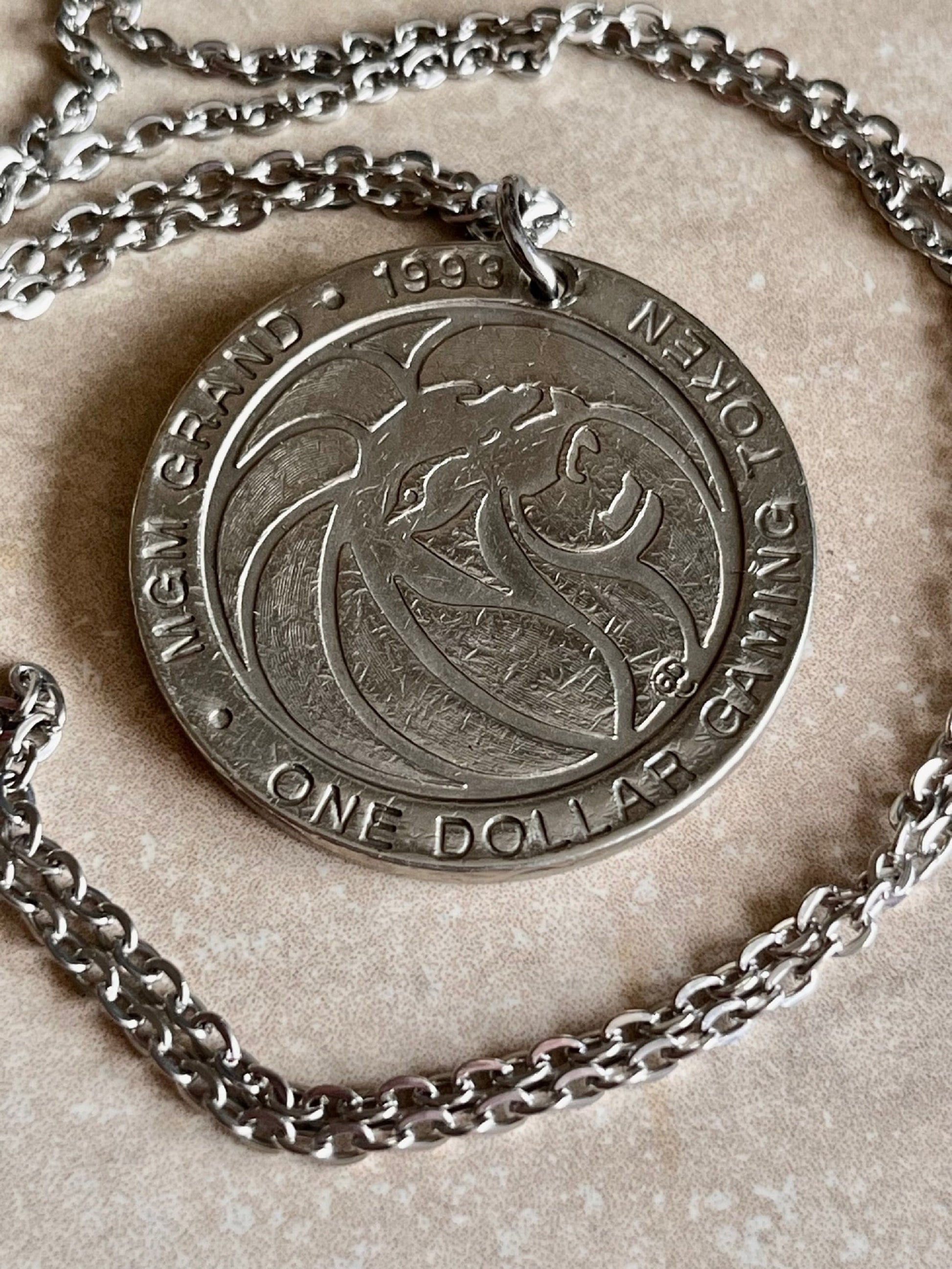 MGM Grand Gaming Token Coin Necklace Pendant Necklace Personal Vintage Handmade Jewelry Gift Friend Charm For Him Her World Coin Collector