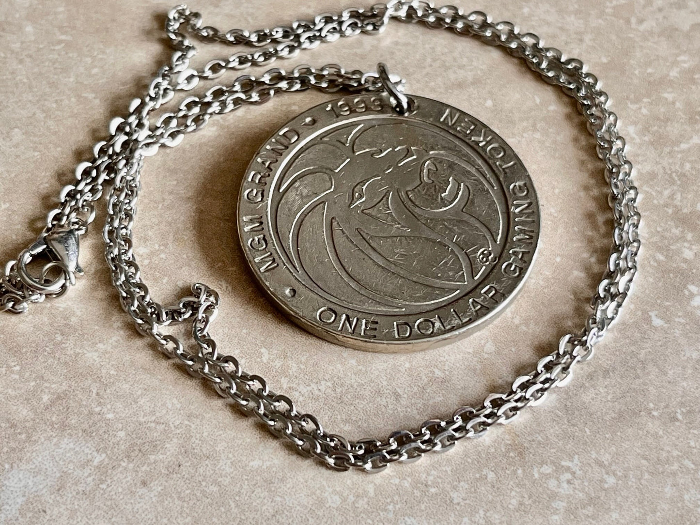 MGM Grand Gaming Token Coin Necklace Pendant Necklace Personal Vintage Handmade Jewelry Gift Friend Charm For Him Her World Coin Collector