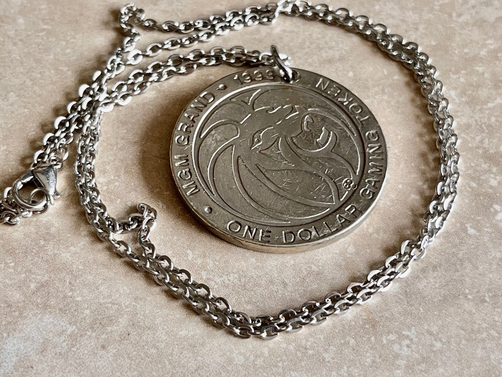 MGM Grand Gaming Token Coin Necklace Pendant Necklace Personal Vintage Handmade Jewelry Gift Friend Charm For Him Her World Coin Collector