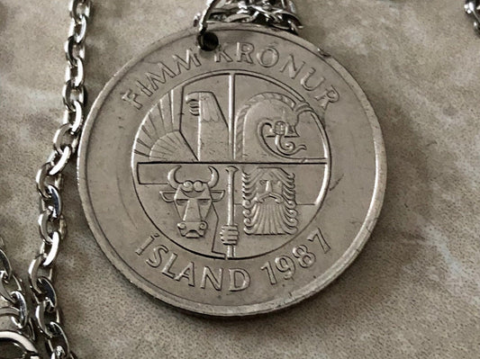 Iceland Coin Necklace 5 Kronur Icelandic Pendant Personal Old Vintage Handmade Jewelry Gift Friend Charm For Him Her World Coin Collector