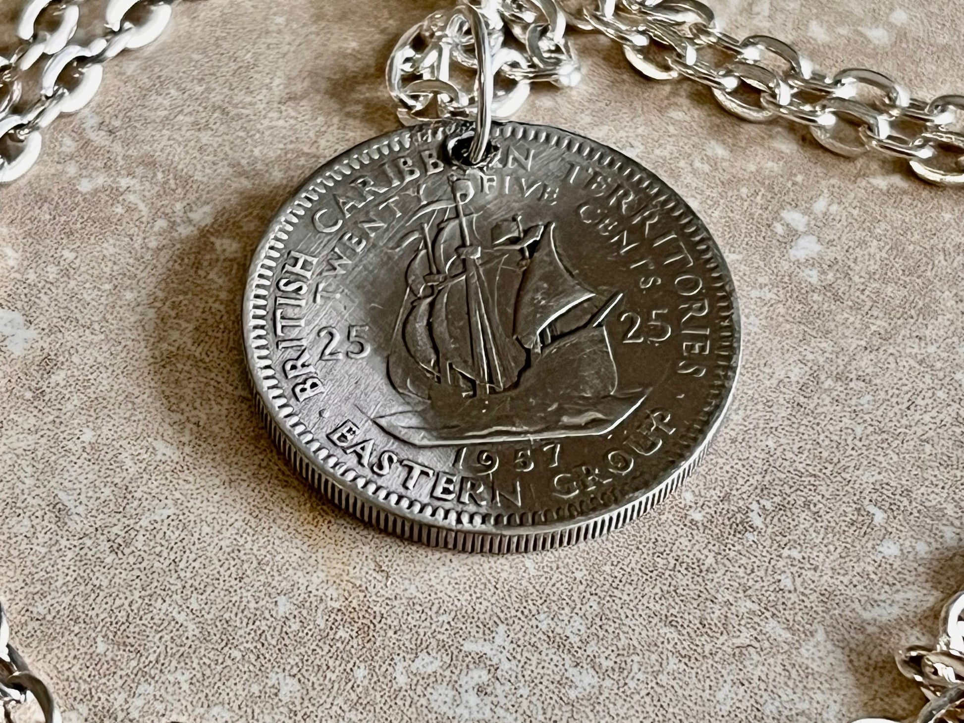 Eastern Caribbean Necklace Pendant 25 Cents Coin Personal Old Vintage Handmade Jewelry Gift Friend Charm For Him Her World Coin Collector