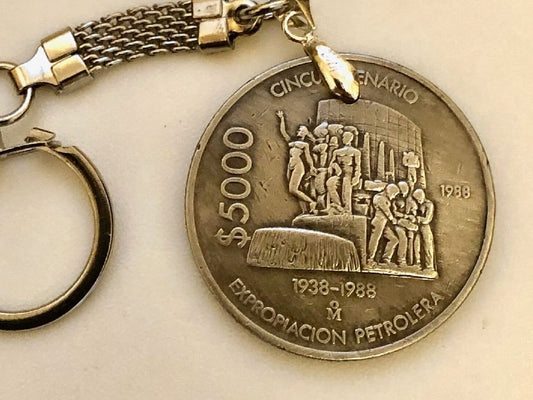 Mexico Coin Keychain Mexican 5000 Pesos Rare Find Personal Necklace Old Handmade Jewelry Gift Friend Charm For Him Her World Coin Collector