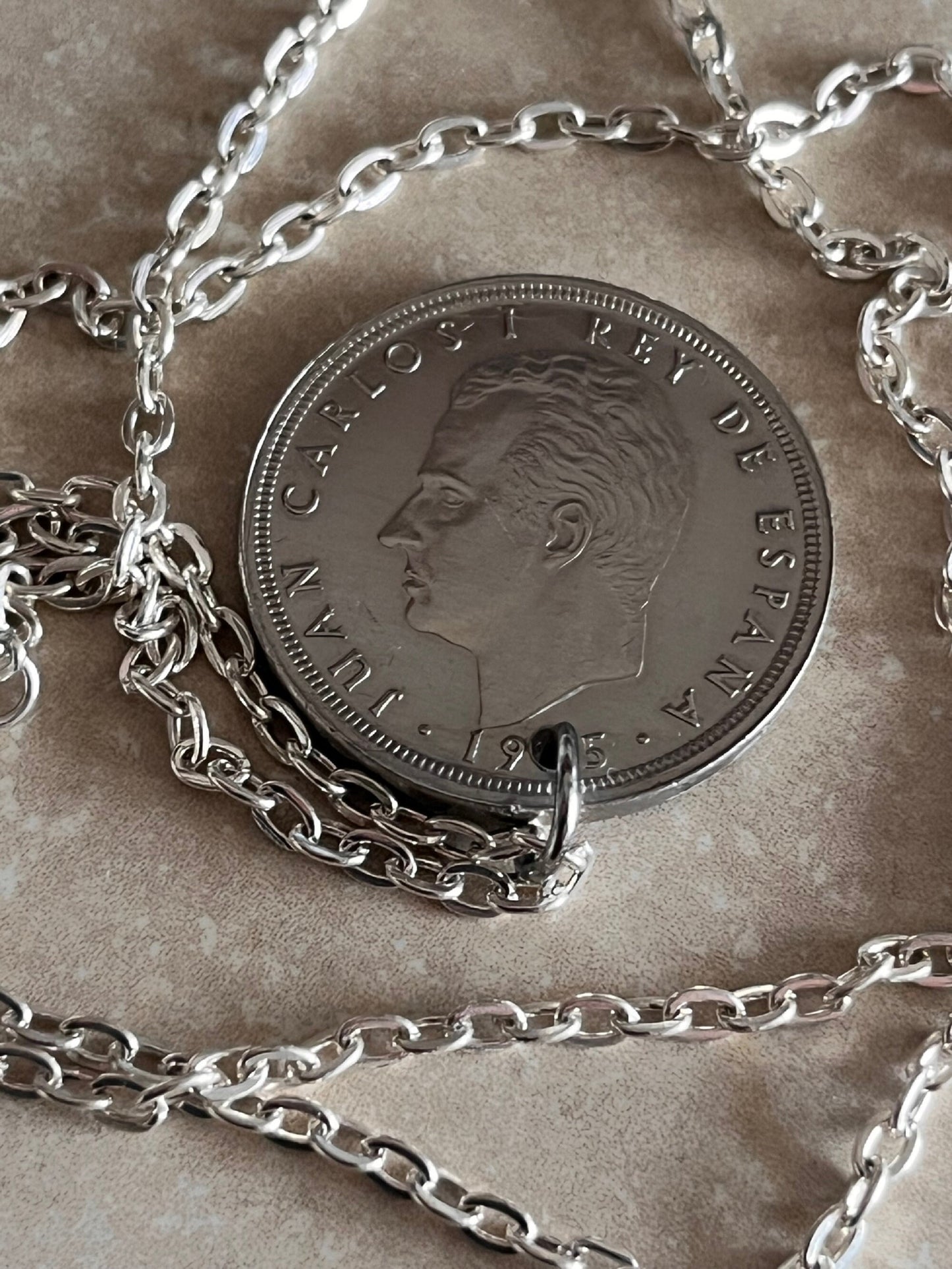 Spain Coin Necklace Spanish 50 Ptas Pendant Personal Old Vintage Handmade Jewelry Gift Friend Charm For Him Her World Coin Collector