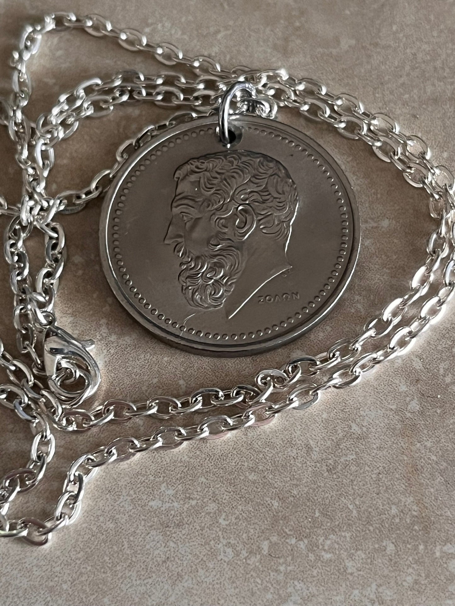 Greece Coin Necklace 50 Drachmas Greece Coin of Solon Pendant Personal Handmade Jewelry Gift Friend Charm For Him Her World Coin Collector