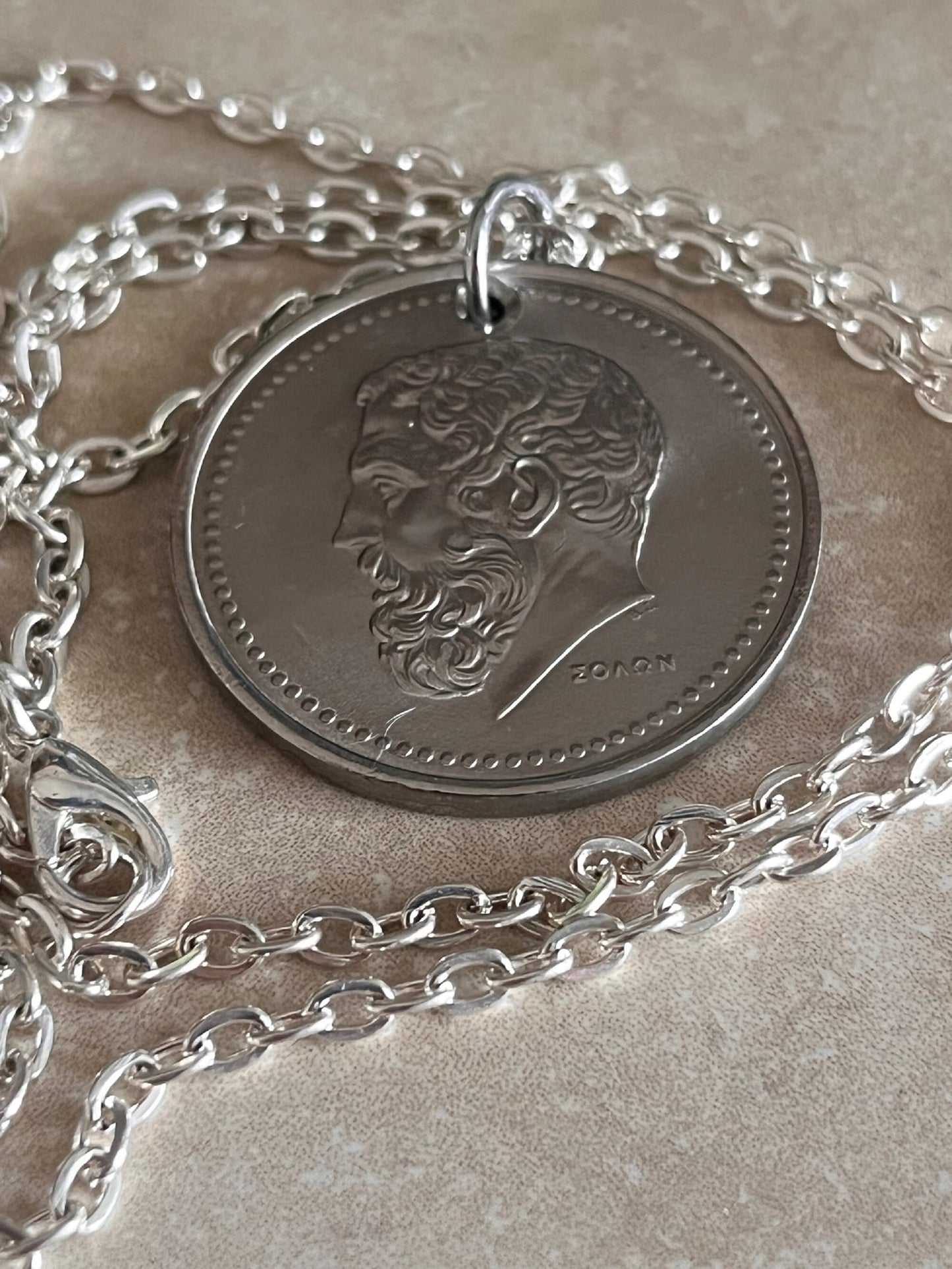 Greece Coin Necklace 50 Drachmas Greece Coin of Solon Pendant Personal Handmade Jewelry Gift Friend Charm For Him Her World Coin Collector