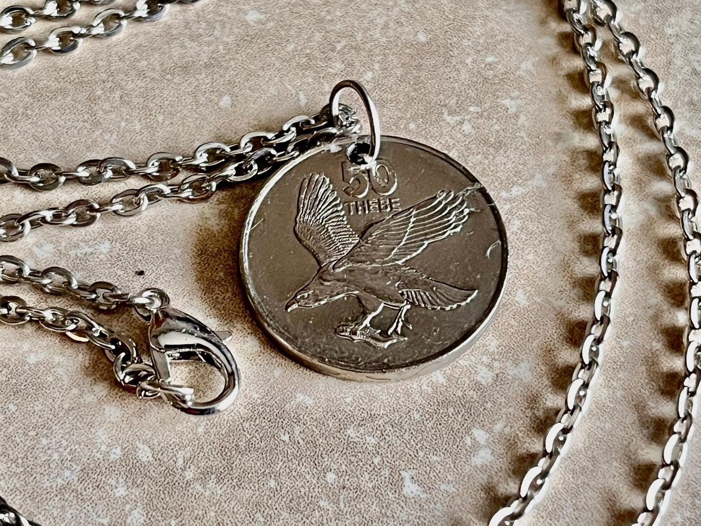 Botswana Coin Necklace 50 Thebe Personal Necklace Old Vintage Handmade Jewelry Gift Friend Charm For Him Her World Coin Collector